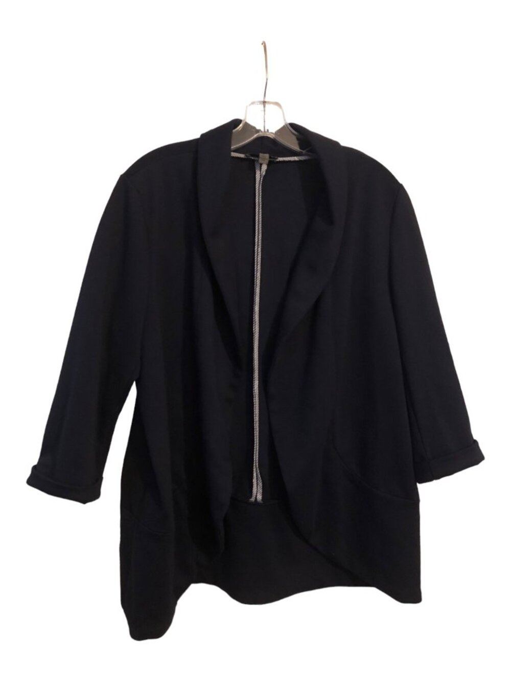 Blue Open Front Quarter Length Sleeve Stretch Collared Cuffed Blazer Sz L